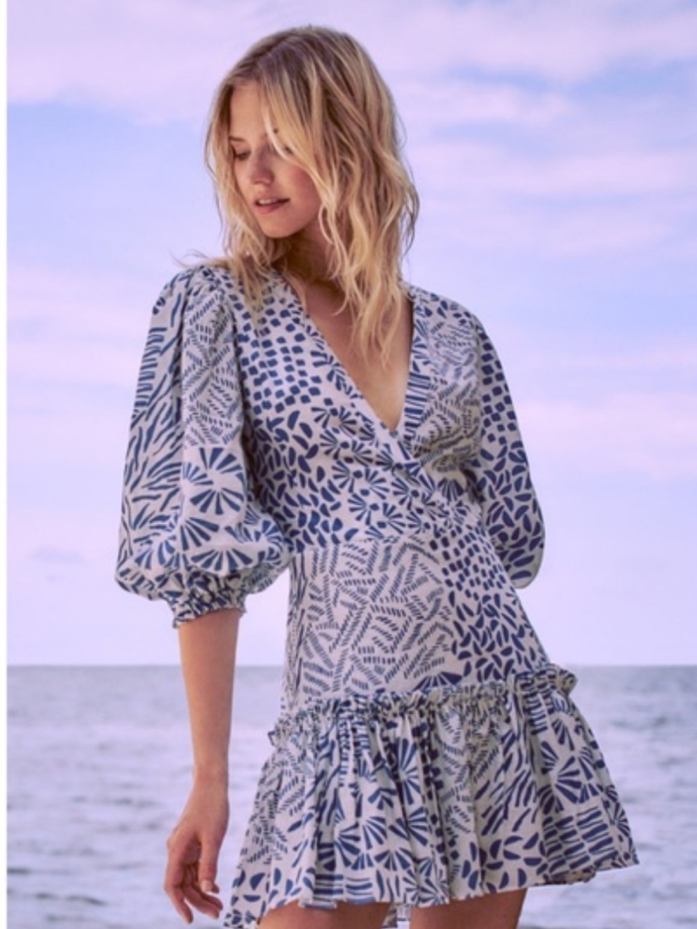 Blue and White Printed V-Neck Ruffle Mini Dress Alexis Idony Linen dress